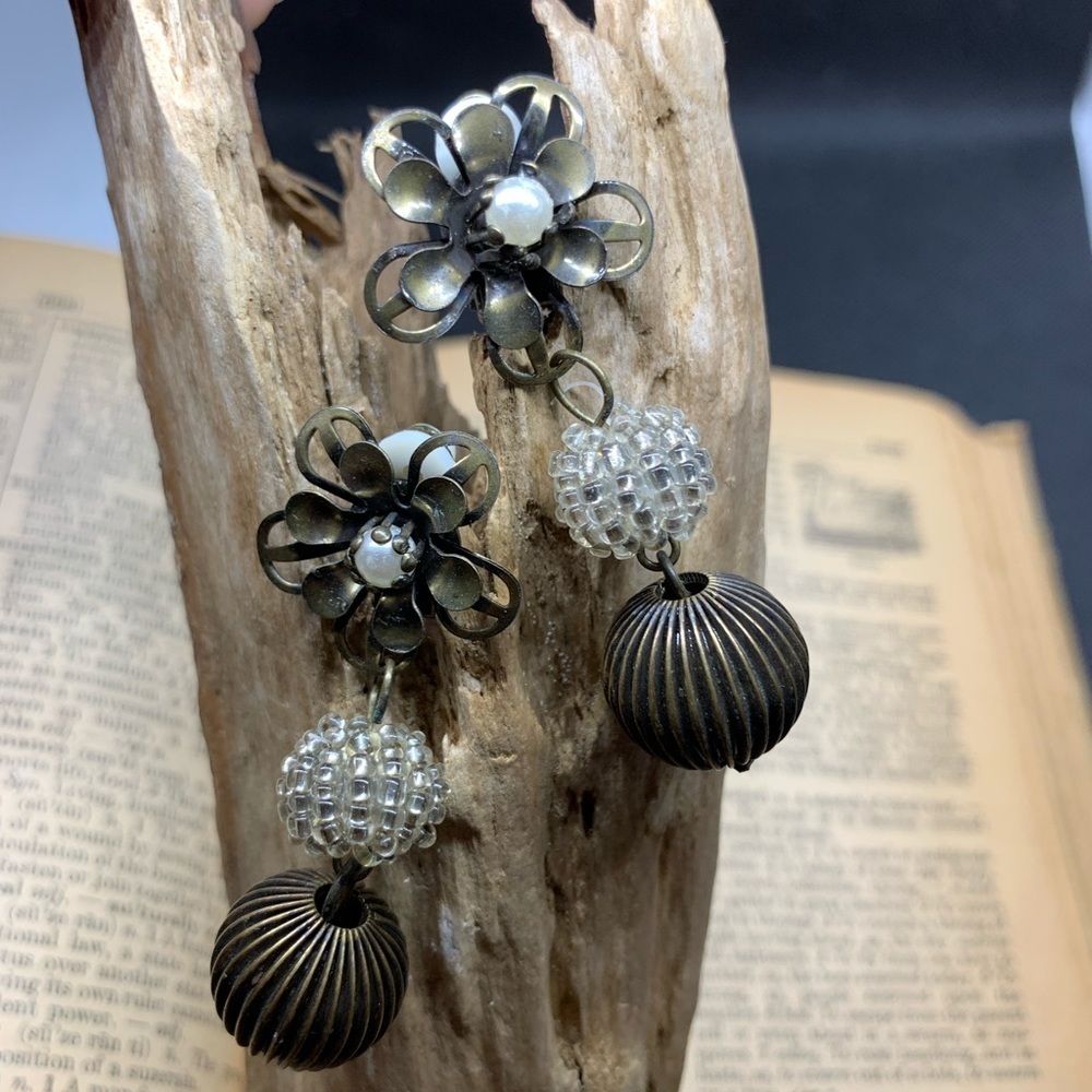 Vintage Boho Seed Bead + Brass Clip Back Earrings